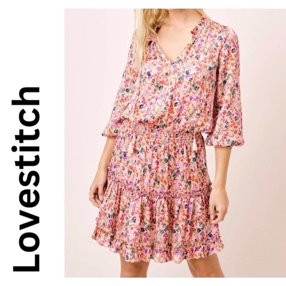 LoveStitch Satin floral smocked waist mini dress with‎ ruffled trim size S